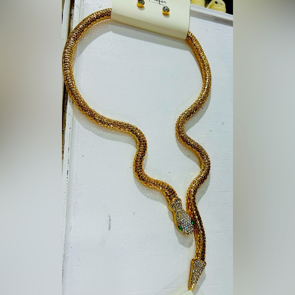 Metallic Gold Snake Necklace and Earring set with Rhinestone On Head and Tail